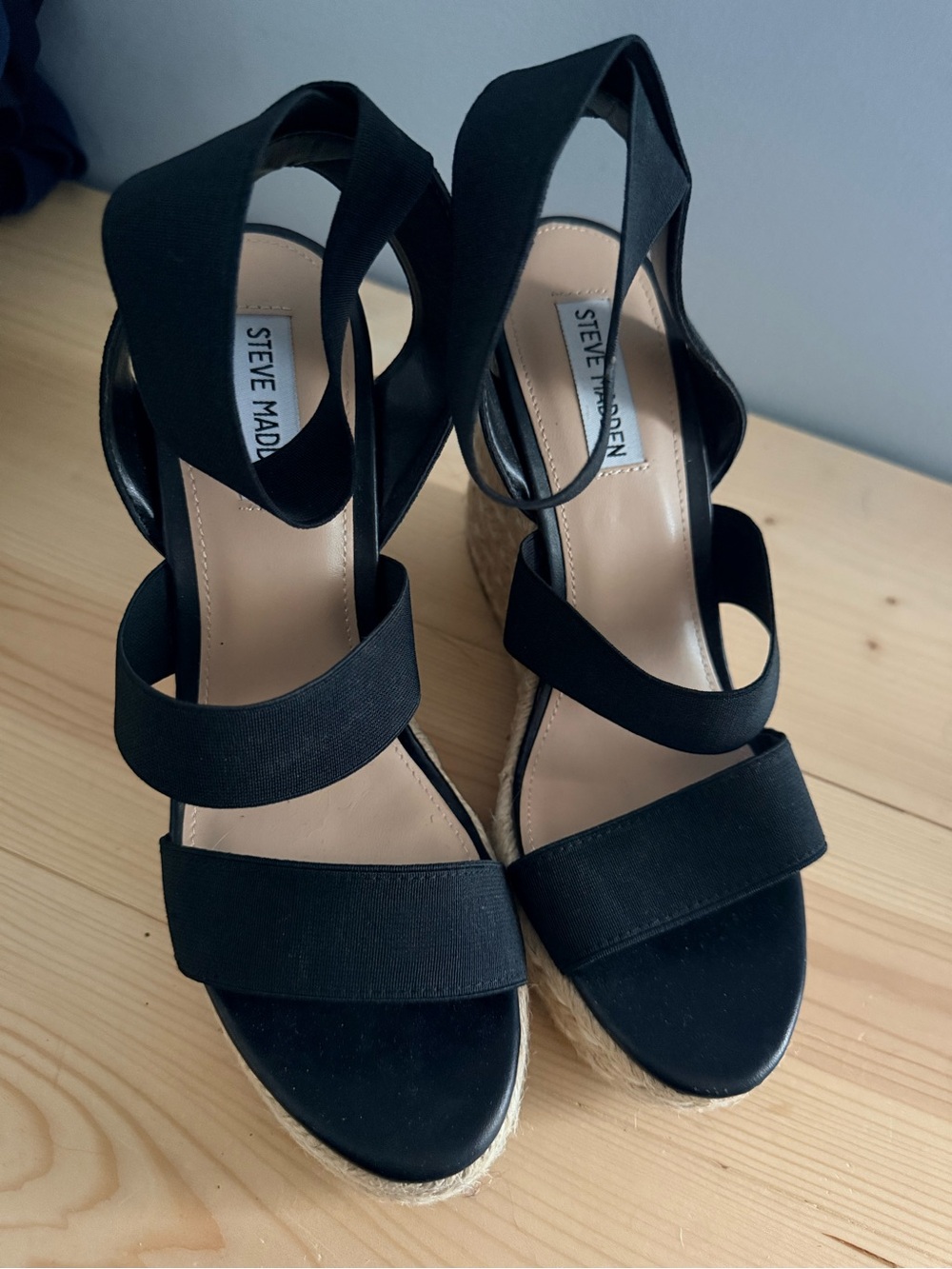 Steve Madden Black Elastic Strap Espadrille Wedges